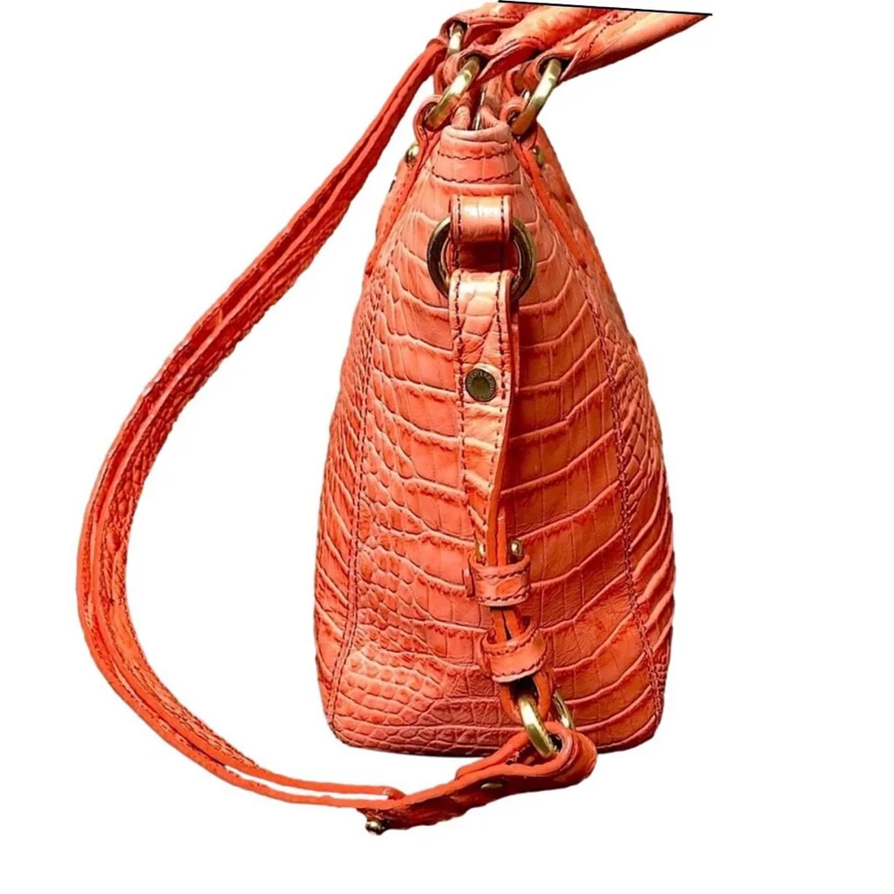 BRAHMIN Croc Embossed Leather Rolled Top Handle Tangerine Satchel Shoulder Bag